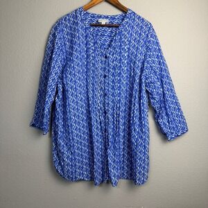 Catherines 2X Ruffle Button Down Blouse Top Blue White Diamond Print 3/4 Sleeve